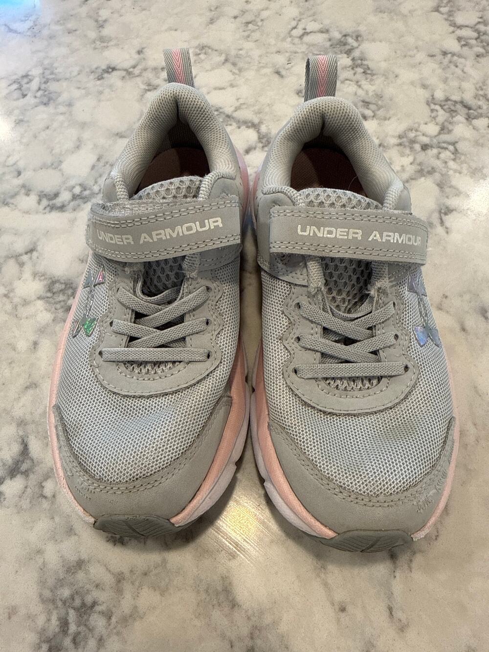 Under Armour Kids Running Shoes Gray Pink Girls Size 12.5K Hook Loop Sneakers